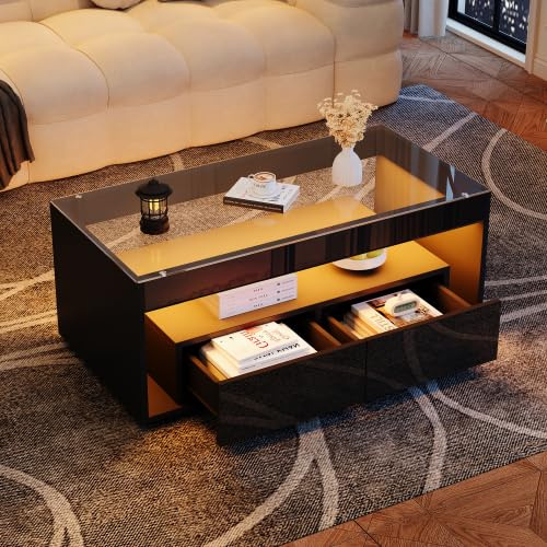 Merax Table basse LED - Table de salon moderne avec 16 couleurs & 4 modes, design brillant, espace de rangement, en verre trempé, comme table à thé, table de canapé, table basse, table d'appoint