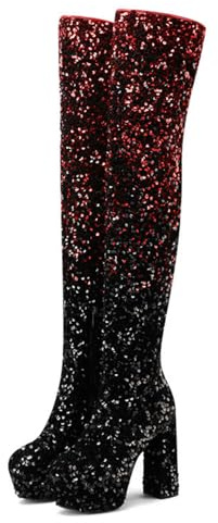Genérico Mujer Puntera Redonda Botas Encima De Rodillas Brillantes Botas Altas De hasta El Muslo con Cremallera Lateral Tacón Grueso Alto Zapatos De Fiesta De Graduación,Negro,38.5 EU