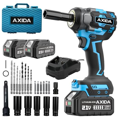 AXIDA Cordless Impact Wrench, 1/2 Inch Brushless Impact Gun, 21V Impact Driver with 2x 4.0Ah Batteries, Charger & 5 Sockets, Variable Speeds for Car/Mower (650NM)