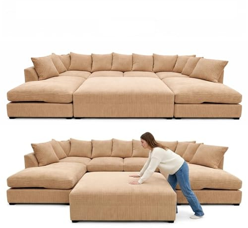 Anglo Jumbo Cord U Shaped Sofa, 2 in 1 Convertible Sofa Bed With Movable Footstool, Comfortable Sofa with Deep Seat Scatter Back Cushions, Elevate Your Living Style With our Wooden Frame Sofa