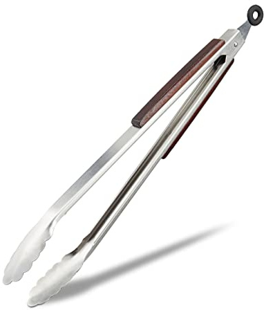 Relaxdays kök- & grillpincett i rostfritt stål, 2-pack, trähandtag, silver | 2 st. 38 cm tång i rostfritt stål
