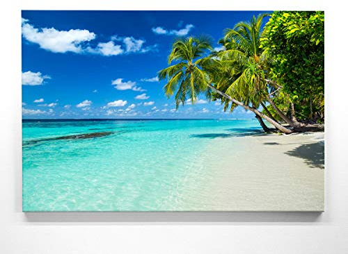 Atemberaubendes Bild Strand & Palmen am Meer - als 150x100cm große XXL Leinwand. Tolles Wandbild als Hintergrund und Deko für Wohnzimmer & Schlafzimmer. Fertig aufgespannt auf 4cm Holz-Keilrahmen
