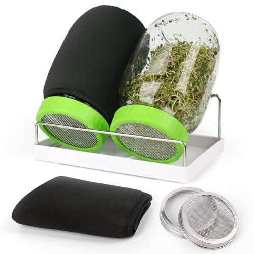 Malastar Sprouting Jar Kit-2 Wide Mouth Mason Jars,Plastic & 316 Stainless Steel Sprout Lids, Blackout Sleeves, Tray, Stand-Sprouter Set for Growing Broccoli, Alfalfa, Bean-Seeds not Included