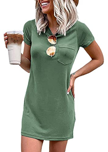 Ladiyo Women T Shirt Dress Summer Fashion Mini Crew Neck Short Sleeve Solid Color Casual Dresses with Pocket
