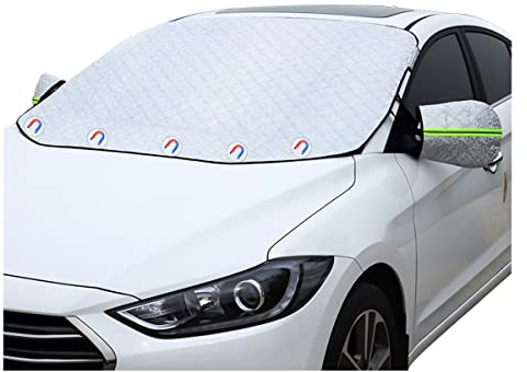 Car Windshield Snow Cover with 4 Layers Windproof Protection Defense Frost Sunlight, All Weather Winter & Summer Front Window Automotive Covers Sun & Snow-Shade for Most Cars Trucks Vans and SUVs