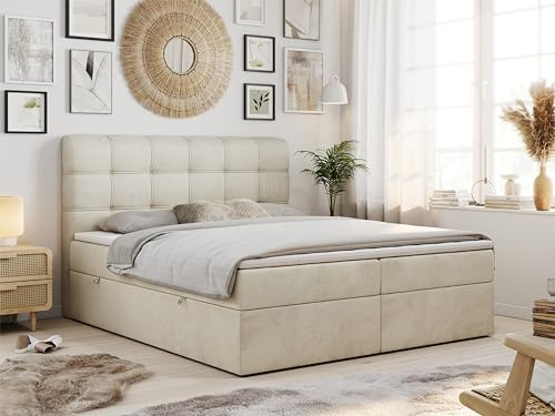 MKS MEBLE Boxspringbett 160x200 mit Matratze, Bett mit Multipocket - Matratze H3 und Topper, Polsterbett 160x200 mit Bettkasten und Kopfteil, Fast - Beige Monolith