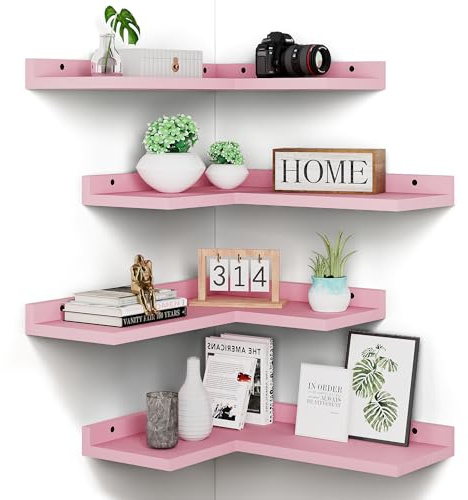 4 Tier Floating Corner Shelves Pink Set of 4, Rustic Pine Wooden Floating Corner Wall Shelf for Wall Décor Storage, L Shaped Corner Shelf Wall Mount for Bedroom, Living Room, Bathroom, Kitchen.