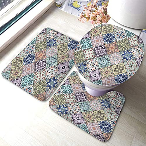 3 Piece Bath Mat Set Ethnic Pattern With Moroccan Tile Motifs U Shape Wc Toilet Rug Anti Slip Contour Rug Set, For Bathroom, Toilet Lid Cover