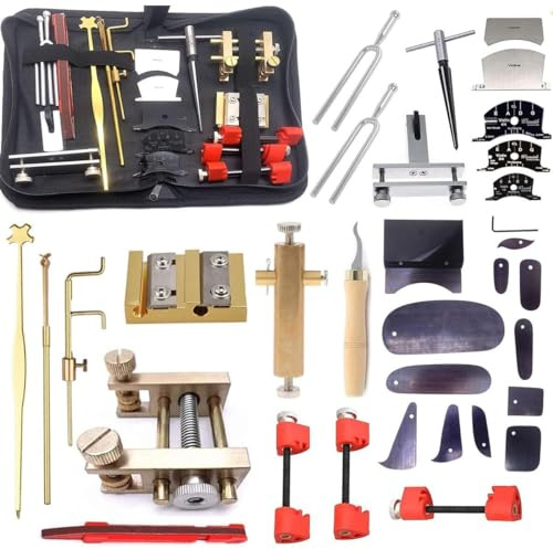 TUOREN 35Pcs Violin Luthier Repair Making Tool Kit, Violin Fingerboard Scraper Set, Purfling Groove Knife Crack Repair Tuning Fork Bridge Clamp Sound Post Fingerboard Template Maintenance Tool