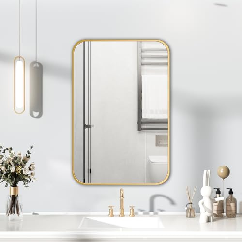 HIGHBATH Gold Frame Mirror 50 x 70 cm, Large Bathroom Wall Mirror, Rectangular Bathroom Wall Mounted Mirrors Hanging Horizontal/Vertica