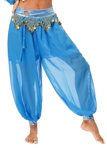 Runhomal Pantalon Danse du Ventre Femme Pantalon Danse Orientale Pantalons Harem Sarouel Costume Belly Dance Bleu Ciel Taille Unique