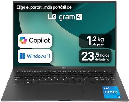 LG gram 16Z90RU-G.AA55B Portátil Ultraligero 16 Pulgadas, IPS WQXGA, Intel Core i5-1334U (10 núcleos), 16GB RAM, 512GB SSD, 1.199 kg, Intel Graphics, Batería hasta 23.5h, Windows 11 Home, Negro