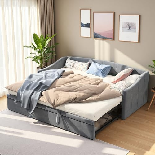 Canapé Lit 2 Places, Canapé-Lit Extensible 90/180 x 200 cm, Lit de Jour, Avec Sommier à Lattes, Canapé-lit Rembourré, Polyvalent, Convertible, Extensible, Pliant, Tissu Velours, Gris, Sans Matelas