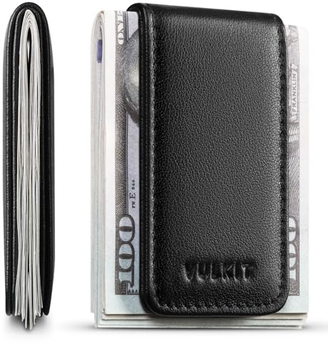 VULKIT Slim Magnetic Money Clip Nappa Genuine Leather Credit Business Card Holder Bills Holder, Strong Magnet Holds 15 x Folded Bank Notes