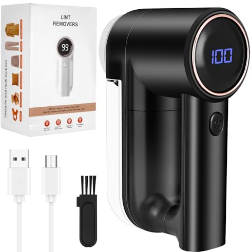 Quitapelusas Electrico, 3 Ajustes Regulables Quitabolas de Ropa Electrico de 6 Cuchillas, Pantalla LCD, Bloqueo de Seguridad, Cepillo Oculto. Quitapelusas para Diferentes Tejidos, Negro