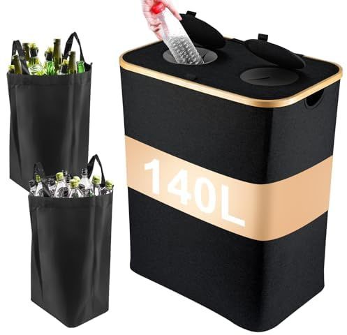 140L Bottle Recycling Bin – Large Deposit Bottle Storage Container with Dual Drop Openings, Removable Inner Bags (Black)