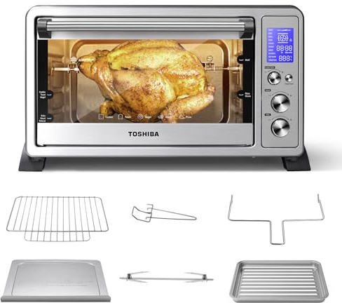 TOSHIBA AC25CEW-SS Large 6-Slice Convection Toaster Oven Countertop, 10-In-One with Toast, Pizza and Rotisserie, 1500W, Stainless Steel, Includes 6 Accessories