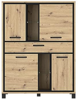 FORTE Trondheim Highboard, Holzwerkstoff, Artisan Eiche kombiniert mit Schwarz Eiche, 101,1 x 161 x 120,4 cm