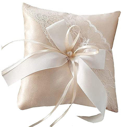 Yhuasia Wedding Ring Bearer Pillow with Lace Pearl Satin Bow for Engagement and Jewelry Cushion