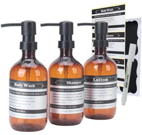 SOOKDEO Spenderflasche Badezimmer Küche nachfüllbar Shampoo Spülung Handspülmittel Lotion Öl Duschseife Flaschen mit Pumpe und wasserdichten Etiketten, 500ml, 3 Stück (Bernstein, Ohne Wandhalterungen)