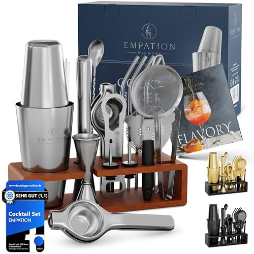 EMPATION Cocktail Set [TESTSIEGER] 825ml Boston Cocktail Shaker aus Edelstahl, leicht zu öffnen & kein Verklemmen, Profi Shaker Set mit Ständer & Rezeptbuch, Mix Set für Barkeeper