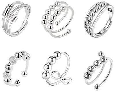 GMEDRIDAS Achtsamkeitsring für Angst Frauen Einstellbare Spinner Anxiety Ring, 6Pcs Fingernägel Kauen Ringe Set Mit Bead Damen Silver fidget Anti Stress Selbstscheidungsring Männer