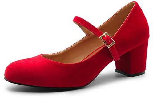 Womens Mid Block Heels Mary Jane Ankle Strap Court Shoes Ladies Comfort Work Pumps Formal Smart Office Low Heeled Strappy Slip On Dolly Shoes Red Suede