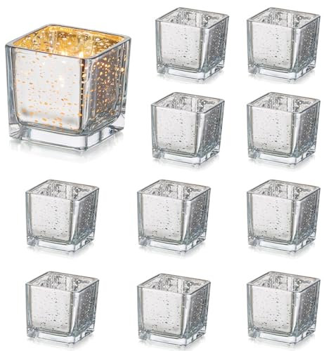 Hewory Teelichthalter Glas Silber Votivkerzenhalter, 12er Set Gefleckt Teelichtgläser Windlicht, Kerzenhalter Silber Kerzengläser für Hochzeitsdeko Tisch Tischdeko Geburtstag Party Weihnachten Deko