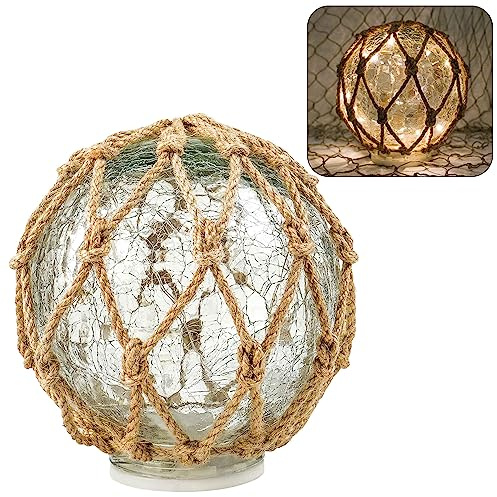 SAILINGSTORY - Lámpara náutica de cristal para pesca, decoración costera de playa, bola de vidrio agrietado, luz nocturna de 6 pulgadas, funciona con pilas