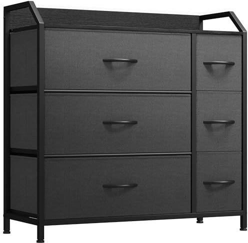 YITAHOME Chest of Drawer with 6 Drawers for Bedroom Fabric Dresser Storage Drawers With Handles Metal Frame for Living Room, Hallway,Black Gray