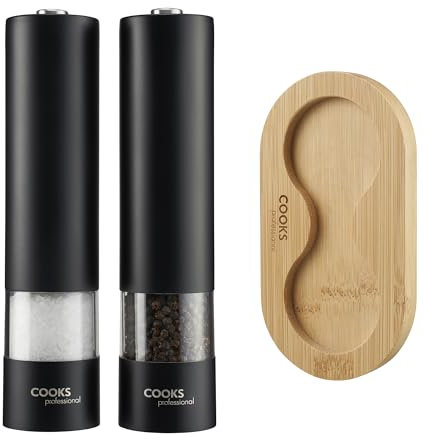 Cooks Professional Electric Salt and Pepper Mill Set with Bamboo Base | Battery Operated Automatic Grinders with Adjustable Grinding & One Touch Operation | Condiment Grinder & Stand | Black