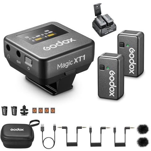 Godox Magic XT1 - Microfono wireless (2TX+1RX) per fotocamera, smartphone USB-C, 48 kHz/24 bit 200 m, mono/stereo/traccia di sicurezza, riduzione del rumore, microfono lavalier, touch screen per