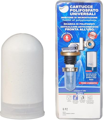 DETERMONDO 6 pz Ricarica Polifosfati Universale per Caldaia, Lavatrice, Lavastoviglie, Scaldabagno con Funzione Anticalcare, Decalcificante e Protezione Anticorrosione per Filtro, Cartucce, Dosatori