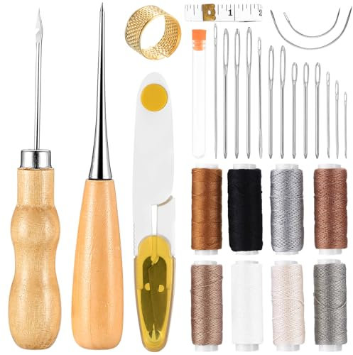 30 Stück Ledernadeln Hand Leder Werkzeug Set, Leder Nähset Lederwerkzeug Set, Leather Nähahle mit Wachsfaden Ledergarn Gewachst, für DIY Teppich Matratzen Reparaturen mit Fingerhut Ahle usw
