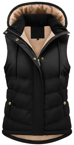 Tuopuda Chaleco Mujer Polar Chaleco Acolchado Invierno Termico Chaquetas sin Mangas con Capucha Desmontable Chalecos Exteriores con Bolsillos Outwear con Cremallera, Negro, XL