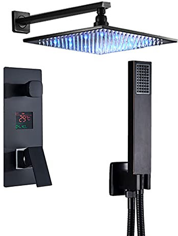 Sistema de Ducha con Pantalla de Temperatura, válvula de Ducha, Cabezal de Ducha de Lluvia LED con Ducha de Mano, Juego de Grifo de Ducha de baño montado en la Pared Negro, 10 Pulgadas