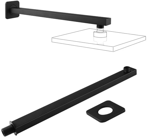 NAKIHOUSE Braccio doccia, 40 cm, in acciaio inox, quadrato, braccio da parete per soffione a pioggia, montaggio a parete, colore nero