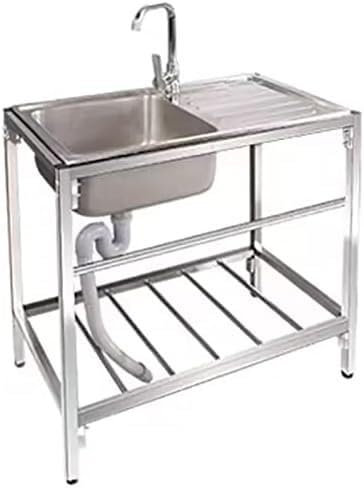 VUIKLCty Évier de Service autoportant Évier de Service en Acier Inoxydable Évier de Cuisine autoportant à cuve Unique avec robinets d'eau Chaude et Froide et égouttoir(Hot and Cold a)