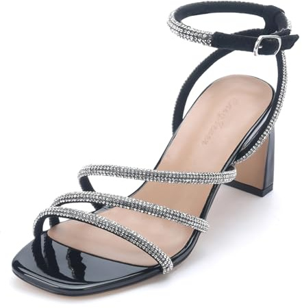 CosyFever Womens Rhinestone Heels, Square Toe Ankle Strap Block Heel Dress Shoes for Wedding & Party