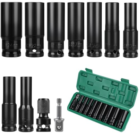 CPROSP Lot de 11 douilles à percussion 1/2, 1/2, 10, 12, 13, 14, 16, 17, 19, 22, 24 mm, avec coffret en plastique, avec adaptateur de douille et tige de rallonge