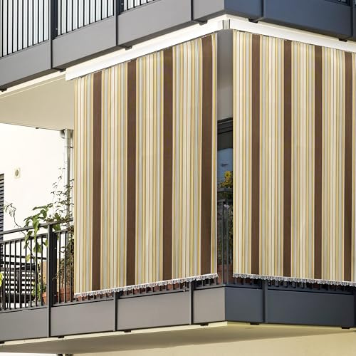 Rideau de soleil à rayures de qualité supérieure pour balcon, terrasse ou véranda – Housse d'ombrage d'extérieur avec anneaux et crochets – Tissu de haute qualité, résistant aux rayons UV et