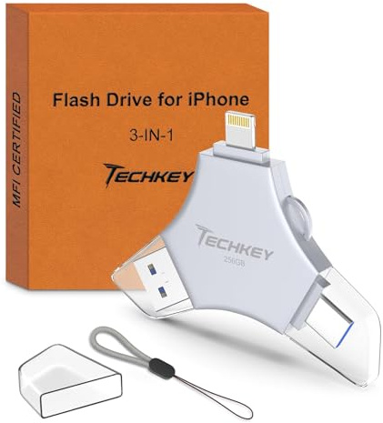 USB 3.0 Flash Drive for iPhone 256GB: MFi Certified 3in1 External Memory Photo Keeper Storage Stick for Picture/Video/Data Saver/Backup High Speed Thumb/Jump/Hard Drive for iPad/Android/PC -Grey