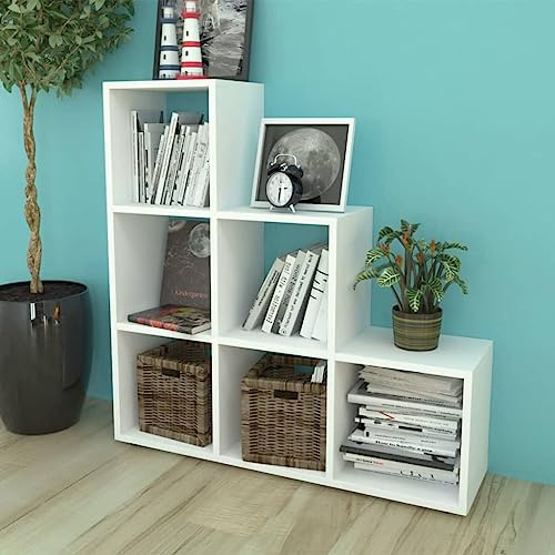 QUAHEAS Trapphylla bokhylla 107 cm vit, modern stående hylla med 6 fack, mångsidig rumsavdelare för vardagsrum, kontor, sovrum, robust hylla av trä, enkel montering