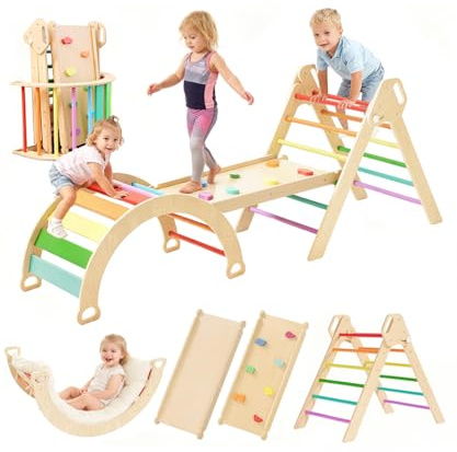 ZippyZebra Large pikler Triangle Set with Cushion，7 in 1 Foldable Baby Jungle Gym with Ramp & Arch，Wooden Montessori Toddler Climbing Toys Indoor for Toddlers 1-6 Year Old Rainbow