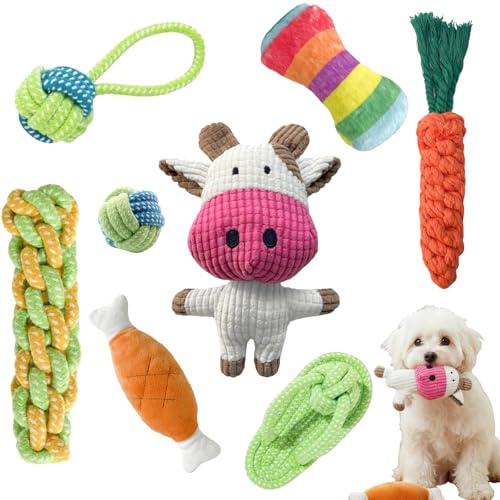 GYHWOFUL Set di giocattoli per cani di piccola taglia e cuccioli, 8 pezzi, giocattolo per cuccioli, giocattolo in cotone, 3 peluche + 5 corde, robusto e lavabile, accessori per cani e regali per cani