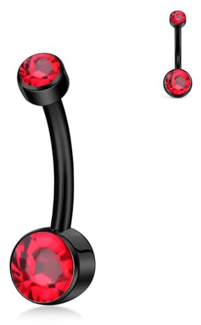 XUU G23 Implant Grade Titanium Belly Bars, 14G Curved Barbell with Cubic Zirconia, 10 mm / 12 mm Hypoallergenic Navel Piercing Jewellery for Women, 7 Colours (Black-Red, 10mm)