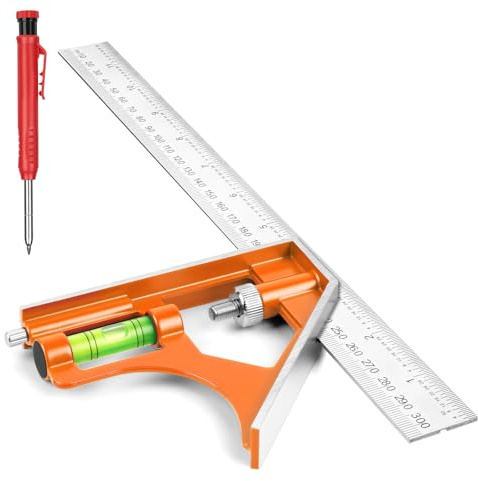 Flintronic Set Squadra Combinata Acciaio Inossidabile, 300mm Squadra Combinata Regolabile, Righello da Falegname con Livella a Bolla, Misuratore Angoli 45°/90°, Strumento di Misura Professionale