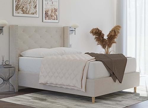DecoInParis Lit Double en Tissu capitonné Margot (Beige, 140_x_190_cm)