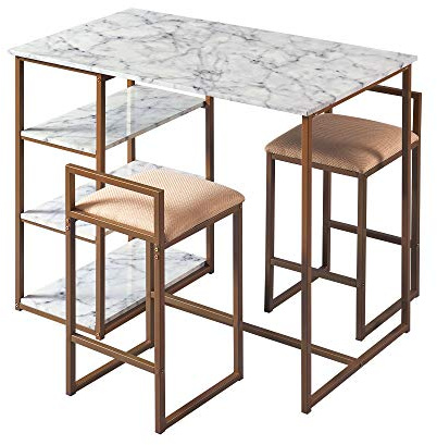 Teamson Home Marmo 3-Stücke Frühstücks-Ess-Set, Bartisch und 2 Gepolsterte Hocker mit Stauraum, Tischplatte aus Weißem Marmor und Beine in Gold-Messing-Finish