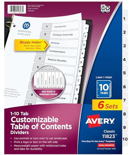 Avery Dividers for 3 Ring Binders, 10 Tabs per Set, Customizable Table of Contents, Classic White Tabs, Great for Organizing Reports, Projects, and More (6 Sets of 11823)
